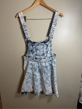 Acid Wash Denim Overall Dress - Light Blue